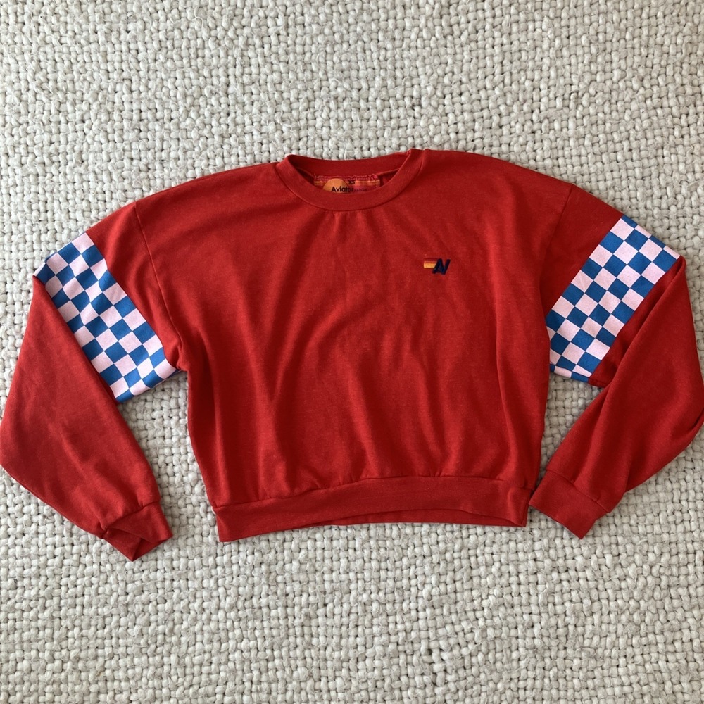 Aviator Nation Women's Check 2 Sleeve‎ Relaxed Crew Sweatshirt Size XS